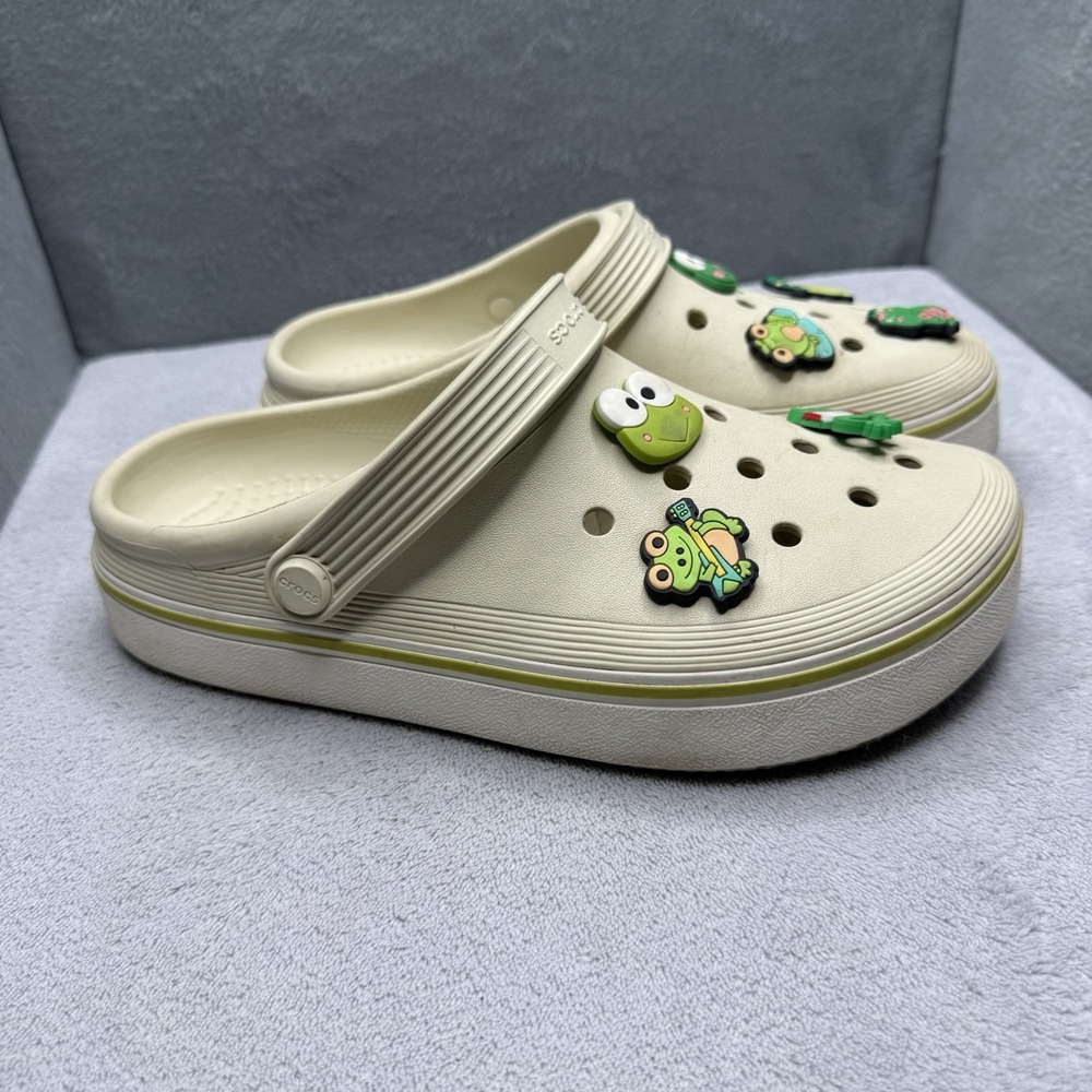 Crocs Crocband Platform Clogs Women 7 Men 5 Cream Green Stripe Frog Charms